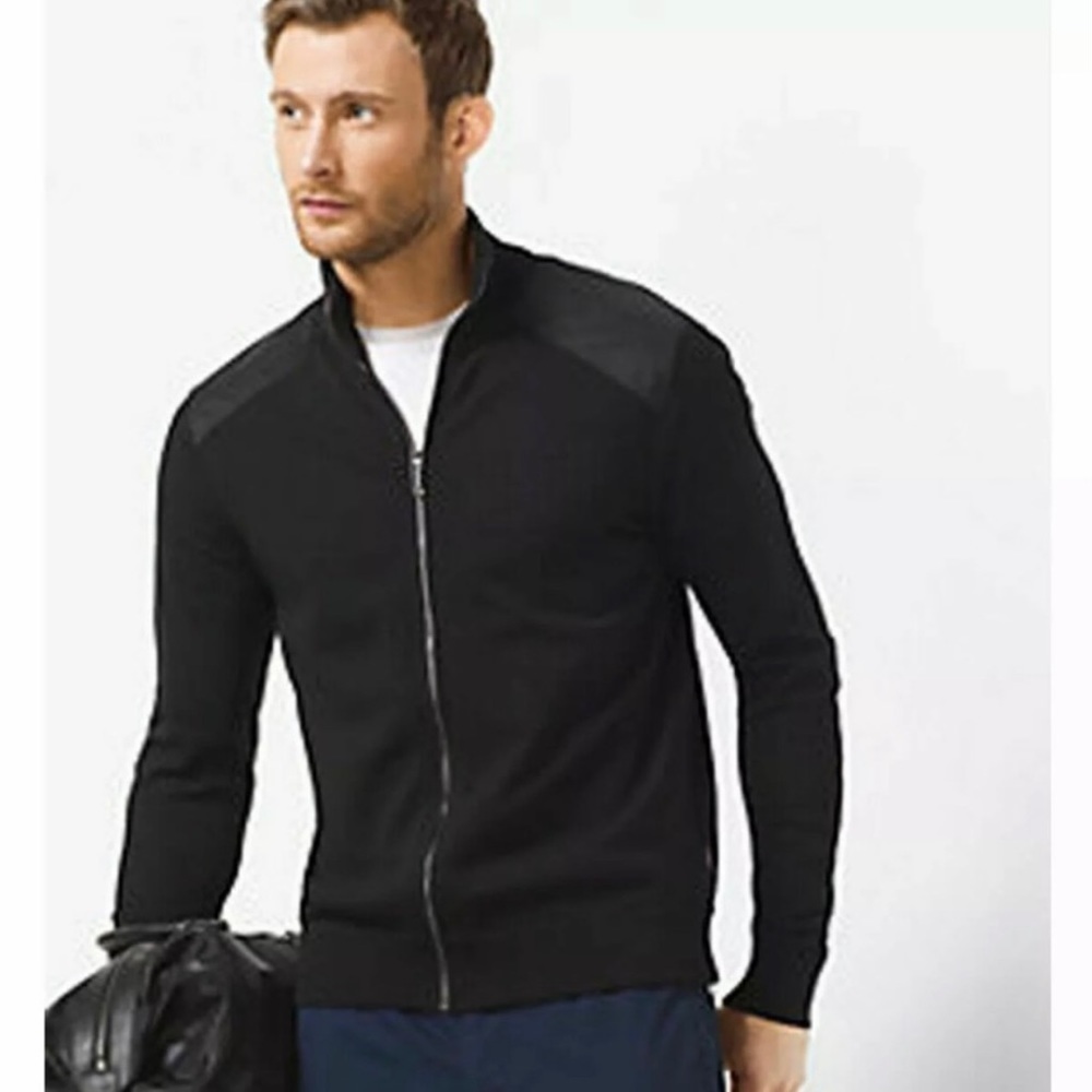 MICHAEL Michael Kors Faux Leather Trim Cotton Blend Full-Zip Sweater, black